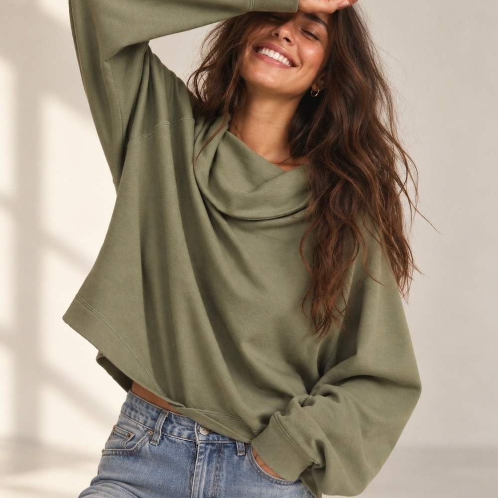 Old Navy Sweatshirt Cowl Neck Raglan Relaxed Medium Green Cozy Boho Earthy Gym